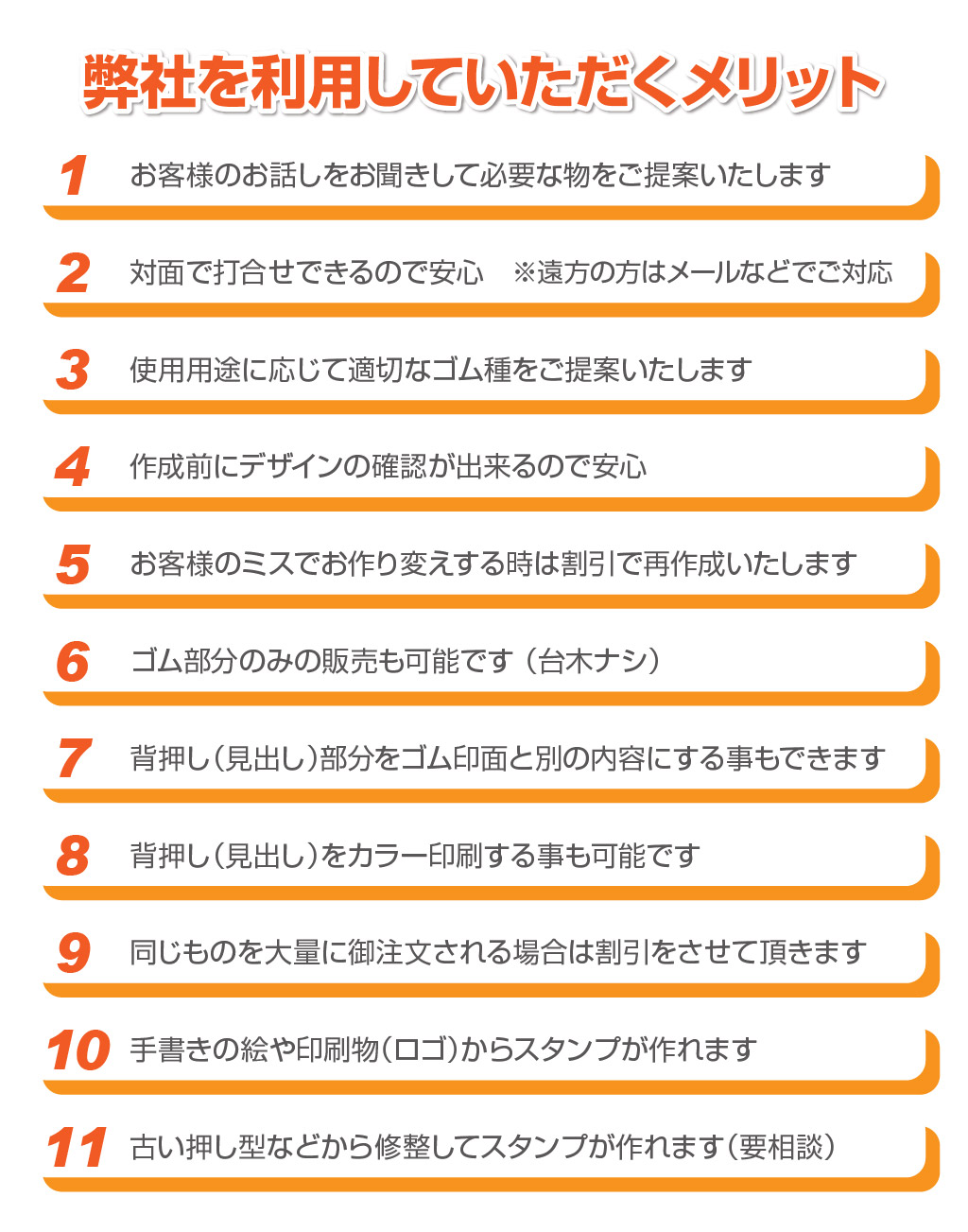 弊社を利用していただくメリット
1お客様のお話しをお聞きして必要な物をご提案いたします
※遠方の方はメールなどでご対応
2対面で打合せできるので安心
3使用用途に応じて適切なゴム種をご提案いたします
4作成前にデザインの確認が出来るので安心
5お客様のミスでお作り変えする時は割引で再作成いたします
6ゴム部分のみの販売も可能です （台木ナシ）
7背押し（見出し）部分をゴム印面と別の内容にする事もできます
8背押し（見出し）をカラー印刷する事も可能です
9同じものを大量に御注文される場合は割引をさせて頂きます
10手書きの絵や印刷物（ロゴ）からスタンプが作れます
11古い押し型などから修整してスタンプが作れます（要相談）
