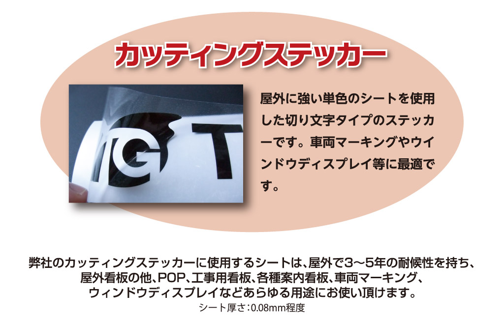 カッティングステッカー屋外に強い単色のシートを使用
した切り文字タイプのステッカ
ーです。車両マーキングやウイ
ンドウディスプレイ等に最適で
す。リタック
シートウラ紙完　成
空気が入った場合は、針やカッターの先で
穴を開けて空気を追い出します。透明フィルムを剥がす
固定したテープを剥がして、透明フィルムを
寝かせながらゆっくりと剥がします。シートの圧着
透明フィルムの上から適度に擦った後、
（ウラ紙が剥がれやすくなります。）ウラ紙をゆっくり
剥がしながら、テープで固定した方から
ゴムヘラ等で擦って圧着させます。貼り付け場所を決める
貼り付け場所を決め、短辺をテープで固定します。
貼り付け場所のホコリや油分はきれいに落として下さい。納　品
リタックシート（透明のフィルム）を貼り付けてお客様
に納品します。
（お客様が貼りやすいようにする為の転写用フィルムです。）切り抜き
カッティングマシンでデザイン通りに切り抜きます。
（小さすぎるデザインは切り抜けない場合があります。）カス取り
余分な部分を手作業で取り除きます。
（手作業の為、複雑すぎるものは出来ない場合があります。）データ作成
Illustrator でデータを作成します。※ You Tubeで「カッティングステッカー   貼り方」と検索すると
　 動画がたくさんありますので参考になさって下さい。　  貼り方製作工程シート厚さ：0.08mm程度弊社のカッティングステッカーに使用するシートは、屋外で3～5年の耐候性を持ち、
屋外看板の他、POP、工事用看板、各種案内看板、車両マーキング、
ウィンドウディスプレイなどあらゆる用途にお使い頂けます。