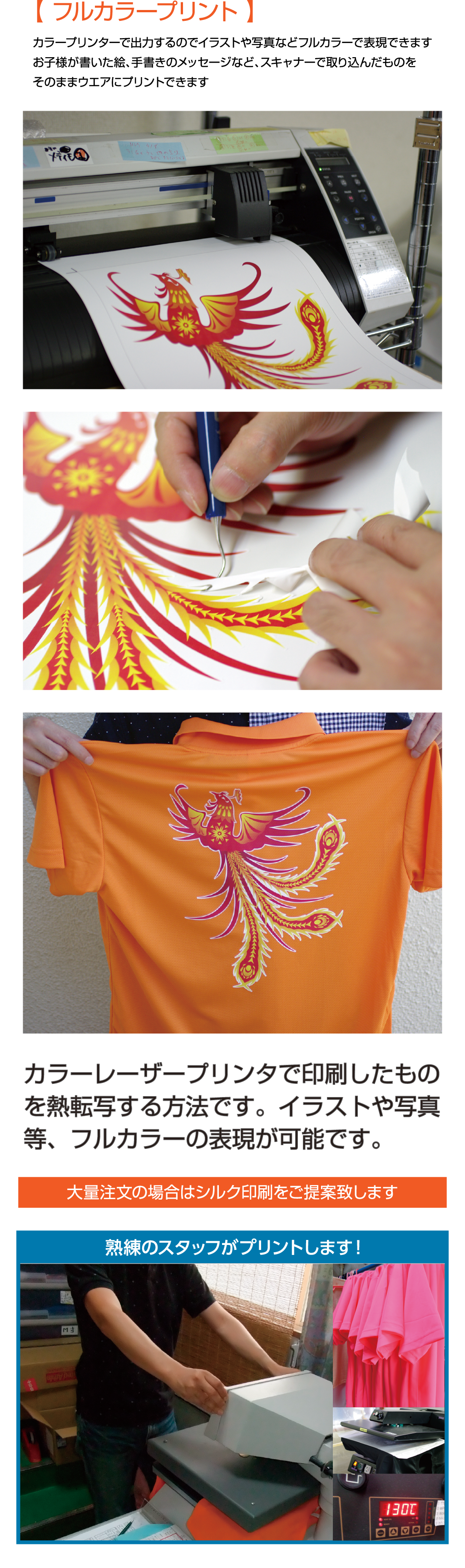 カラーレーザープリンタで印刷したもの
を熱転写する方法です。イラストや写真
等、フルカラーの表現が可能です。大量注文の場合はシルク印刷をご提案致します【 カラープリント 】
カラープリンターで出力するのでイラストや写真などフルカラーで表現できます
お子様が書いた絵、手書きのメッセージなど、スキャナーで取り込んだものを
そのままウエアにプリントできます
